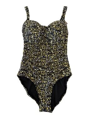 New Nip Tuck Black Yellow Print Ruched Tummy Control One Piece Swimsuit